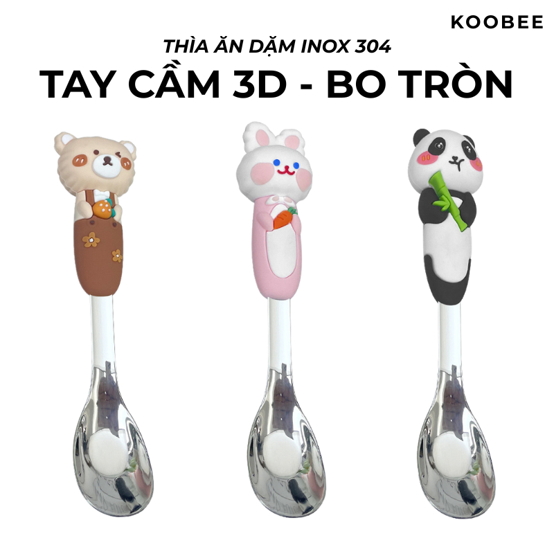 Thìa Ăn Dặm Inox 304 Cho Bé KOOBEE – Tay Cầm Hoạt Hình 3D Đáng Yêu | Dùng Ăn Cơm, Cháo, Sữa Chua, Váng Sữa |129