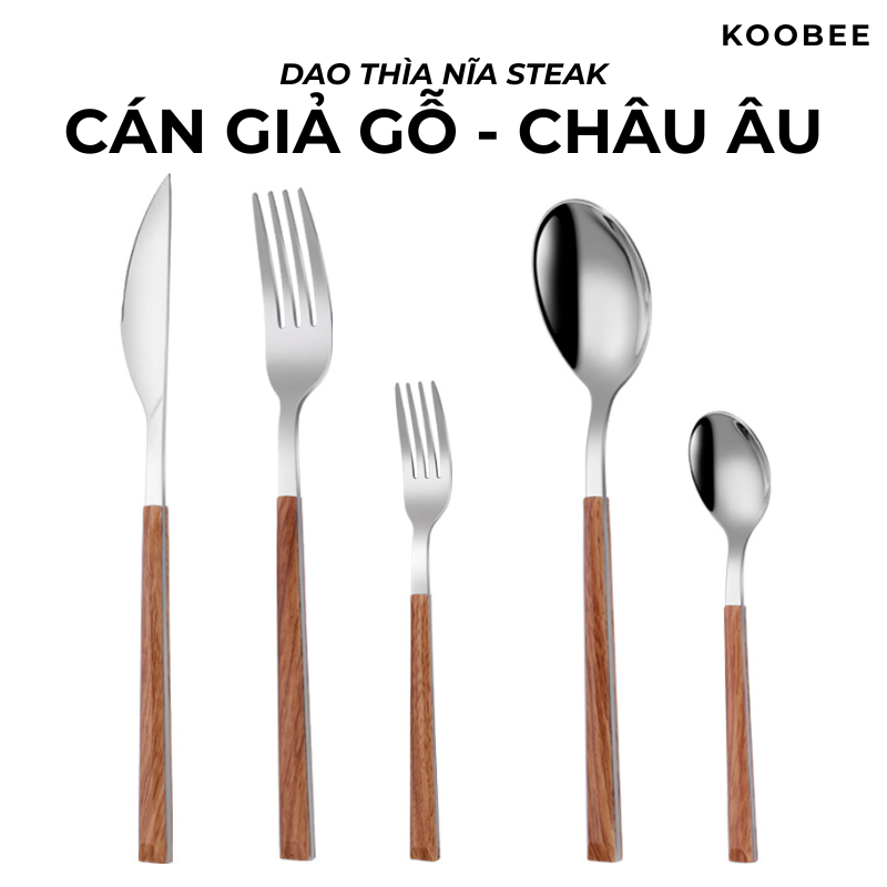 Bộ Dao Muỗng Dĩa Thìa Inox Cán Giả Gỗ Phong Cách Hàn Quốc Dùng Ăn Bít Tết, Đồ Âu - Thìa Nĩa Ăn Tráng Miệng Cao Cấp | 242