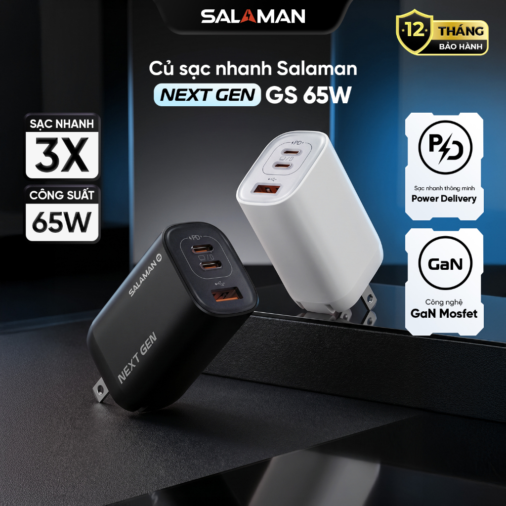 Củ Sạc Nhanh Salaman Next Gen GS 65W, 2 Cổng Type C, 1 USB, Công nghệ GaN, Sạc Nhanh PD thông minh