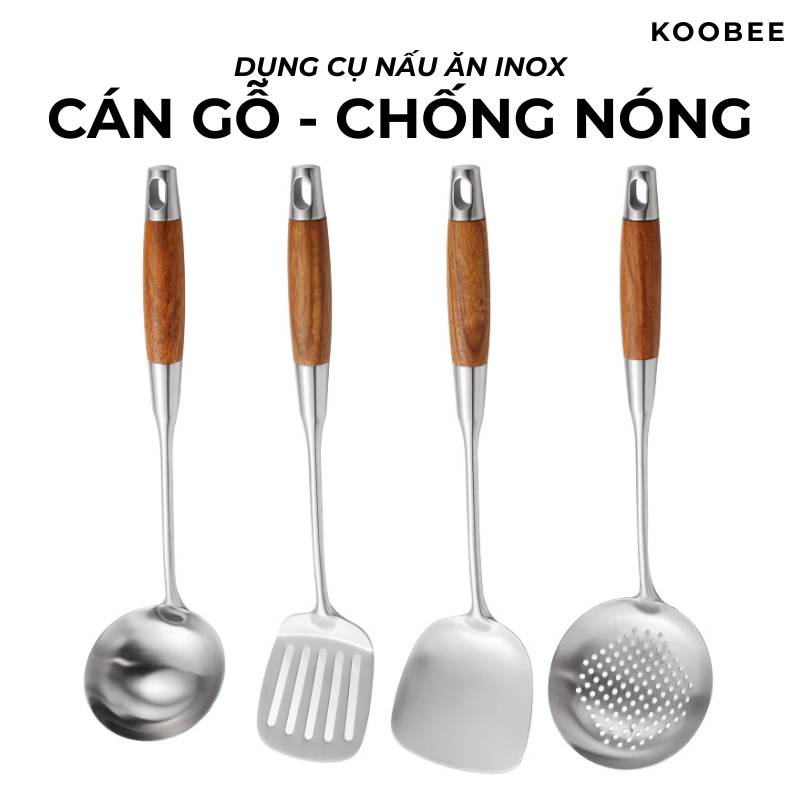 Bộ Muôi Xẻng Inox Cán Gỗ Cẩm Lai KOOBEE Cao Cấp – Muôi Múc Canh, Muôi Lỗ, Xẻng Xào Đảo Lật Thức Ăn Chuyên Dụng | 299
