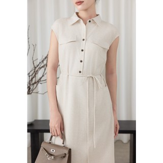 SWANLAKE | Váy Đầm Nữ Suông Vải Linen Cổ Sơ Mi Cài Nút Tay Hến Có Túi Dây Thắt Eo Công Sở D13644