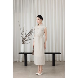 SWANLAKE | Váy Đầm Nữ Suông Vải Linen Cổ Sơ Mi Cài Nút Tay Hến Có Túi Dây Thắt Eo Công Sở D13644