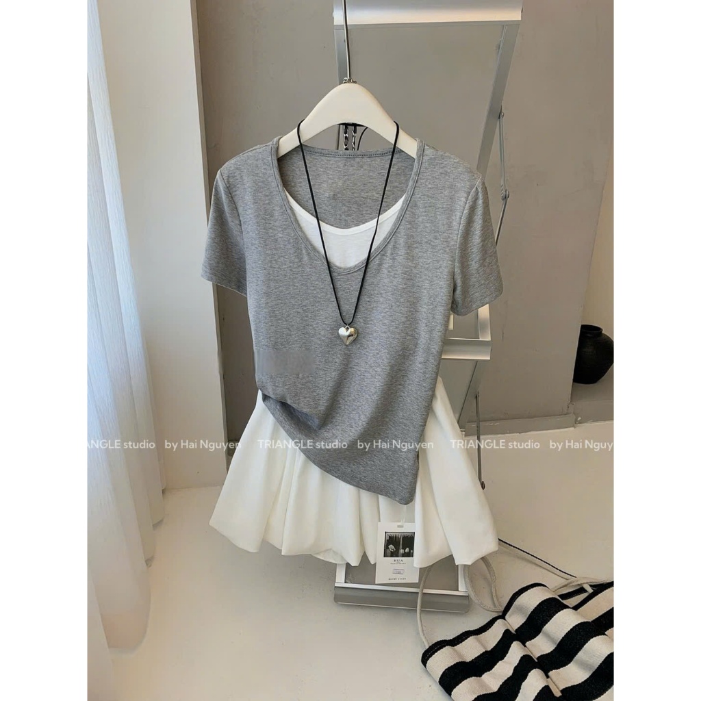 TRIANGLE - Two T-shirt (Cân nhắc kỹ, return is not welcomed) Áo thun giả hai mảnh style Hàn Quốc dễ mặc, chất thun đẹp