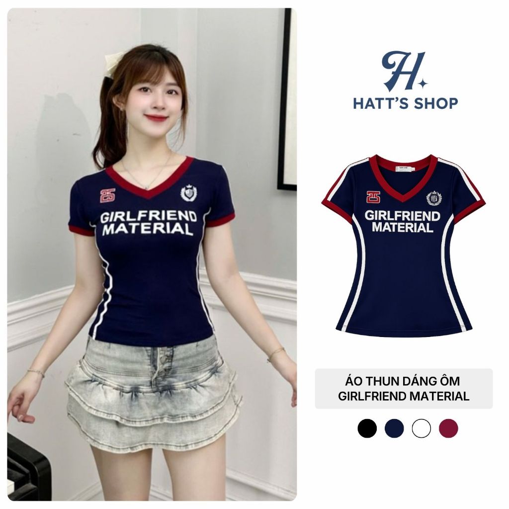 Áo Thun BabyTee Ôm Dáng GIRLFRIEND MATERIAL Áo Phông Chất Cotton Dáng Ôm Cổ Chữ V 4 Màu Co Giãn Tốt H02
