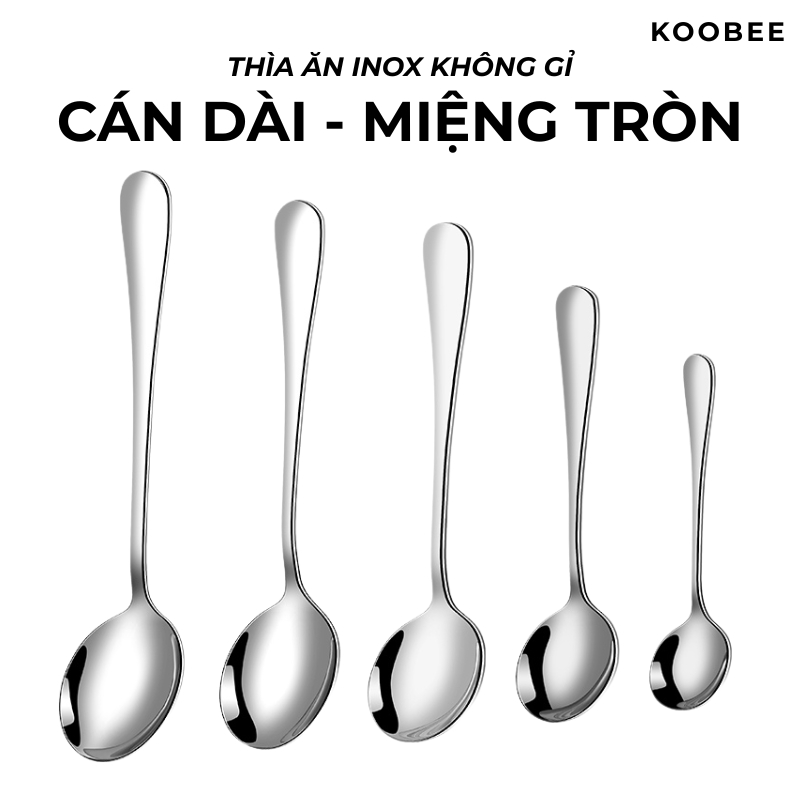 Bộ Muỗng Thìa Inox Miệng Tròn Cán Trơn Nhiều Kích Cỡ Cao Cấp Sáng Bóng Bền Đẹp T3