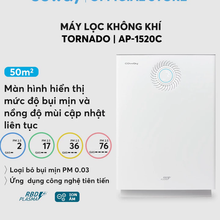 Máy lọc không khí Coway Tornado AP-1520C - 02 chế độ Plasma và Iom âm