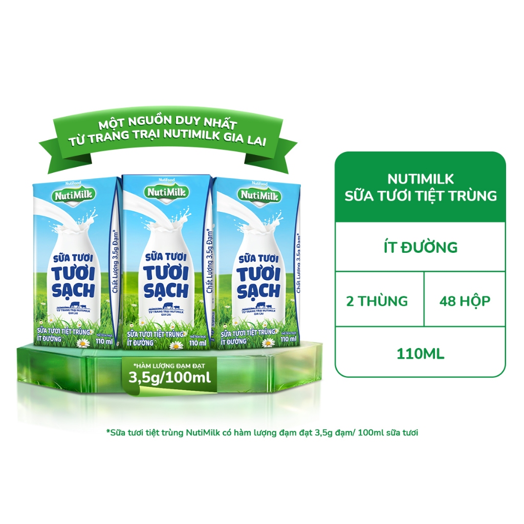 COMBO 2 Thùng 48 Hộp Sữa Tươi Tươi Sạch NutiMilk Ít Đường 110ml