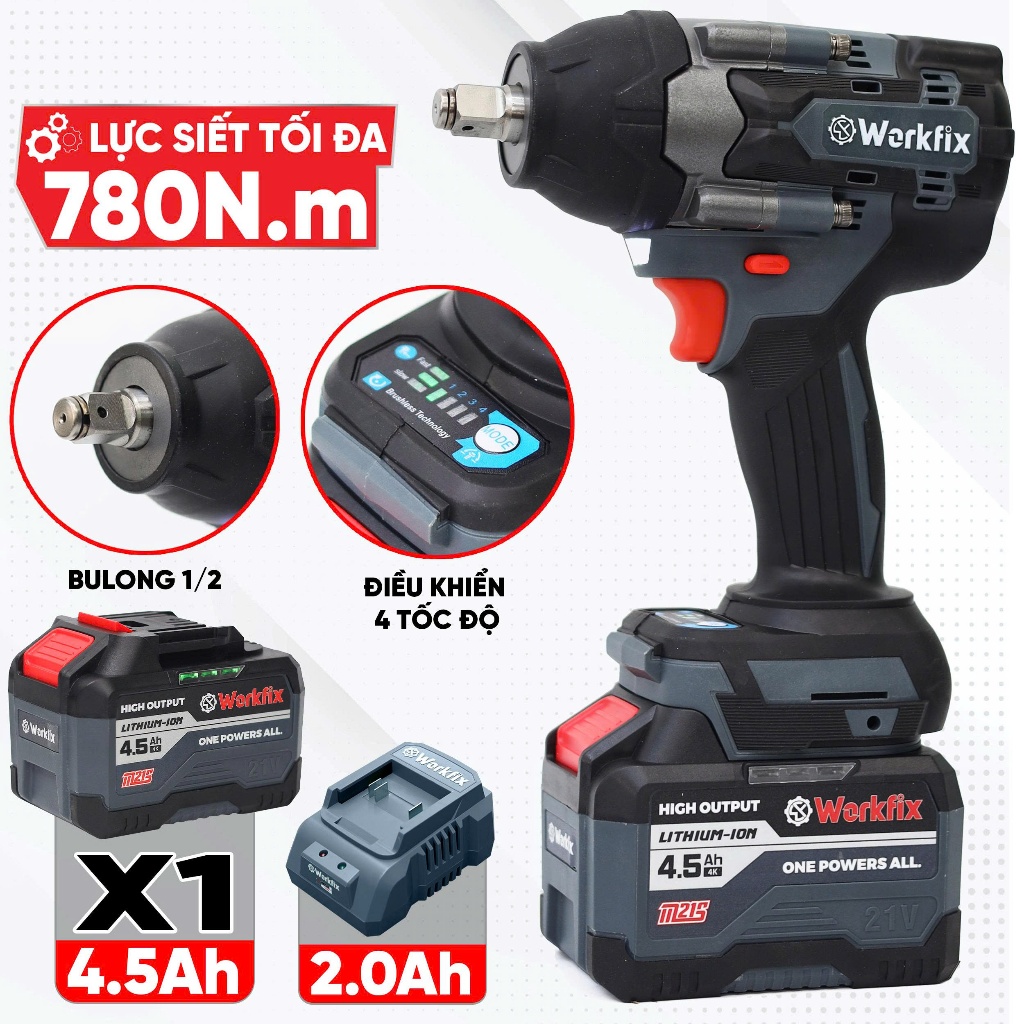 Máy Siết Bulong Dùng Pin Workfix WF-IW780NV – Không Chổi Than –Lõi Đồng–Bắn Bulong, Bắt Ốc, Mở Ốc Oto
