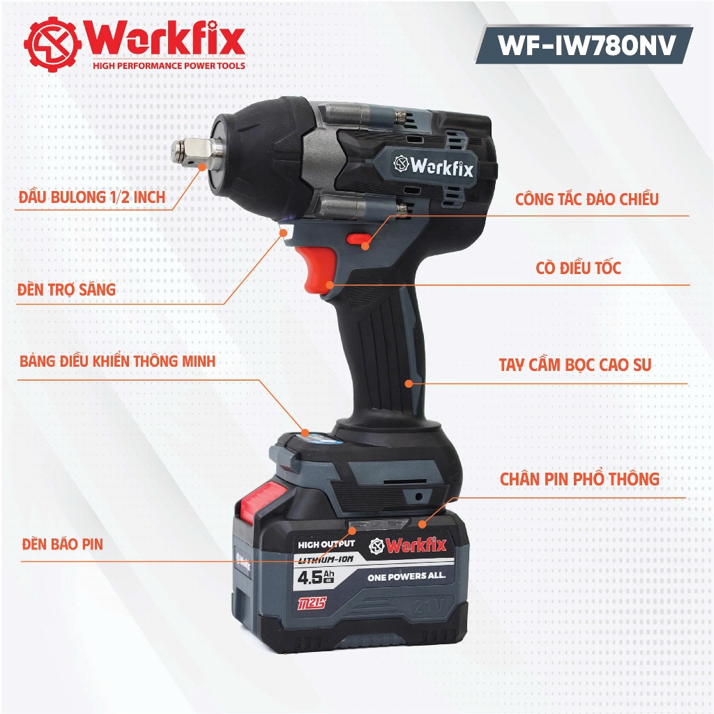 Máy Siết Bulong Workfix WF-IW780NV Lực siết 780N Không Chổi Than 4 Tốc độ Máy vặn ốc có búa