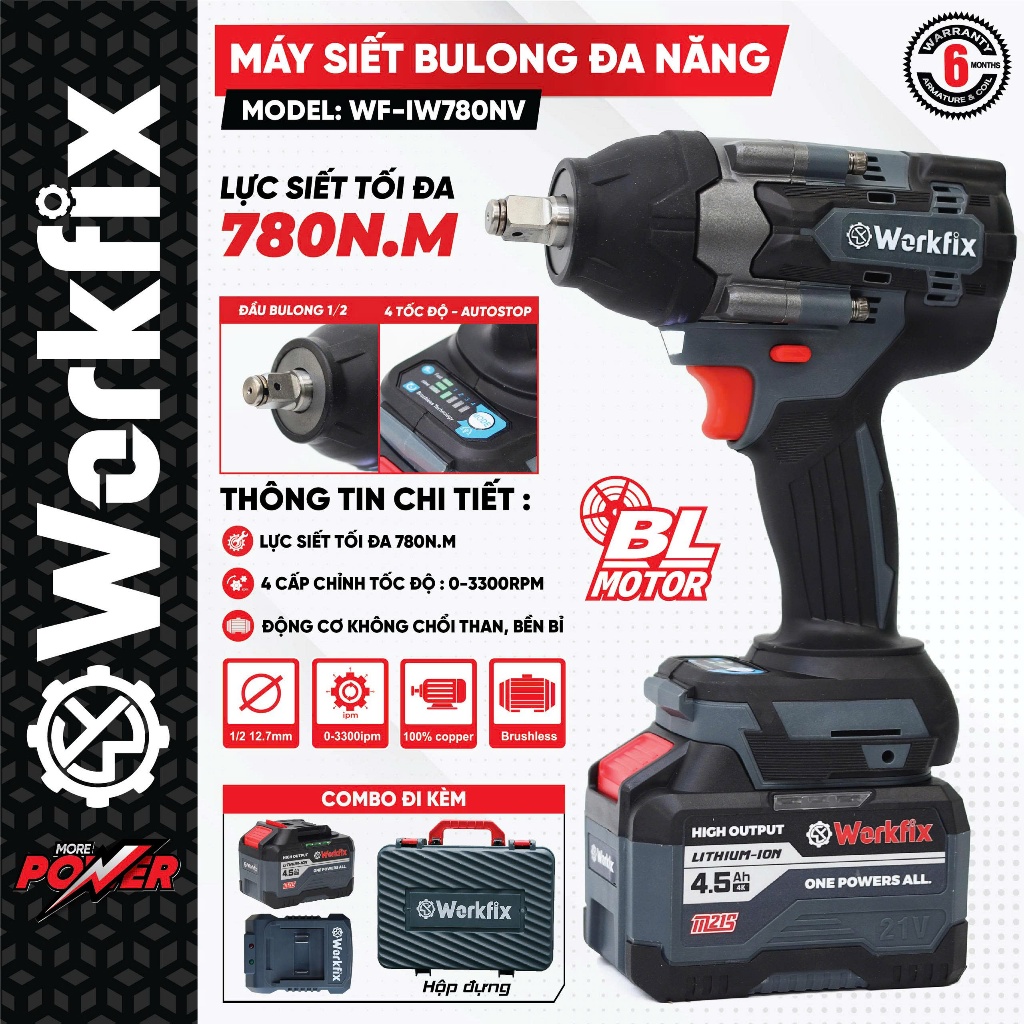 Máy Siết Bulong Workfix WF-IW780NV Lực siết 780N Không Chổi Than 4 Tốc độ Máy vặn ốc có búa