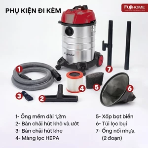 Máy hút bụi khô ướt 20L FUJIHOME công suất 1200W, màng lọc bụi HEPA kèm thổi, thùng Inox siêu bền đa năng gia đình