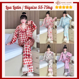 Đồ ngủ nữ bigsize 55-75kg, pijama dài dài chạy viền kèm cột tóc lụa latin mịn mát 75DD41, đồ bộ nữ đồ mặc nhà dễ thương