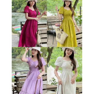 Đầm thời trang nữ mặc đi chơi chất lụa 100D cổ vuông tay búp phồng nhún eo váy xoè maxi dài qua gối 4 màu QC