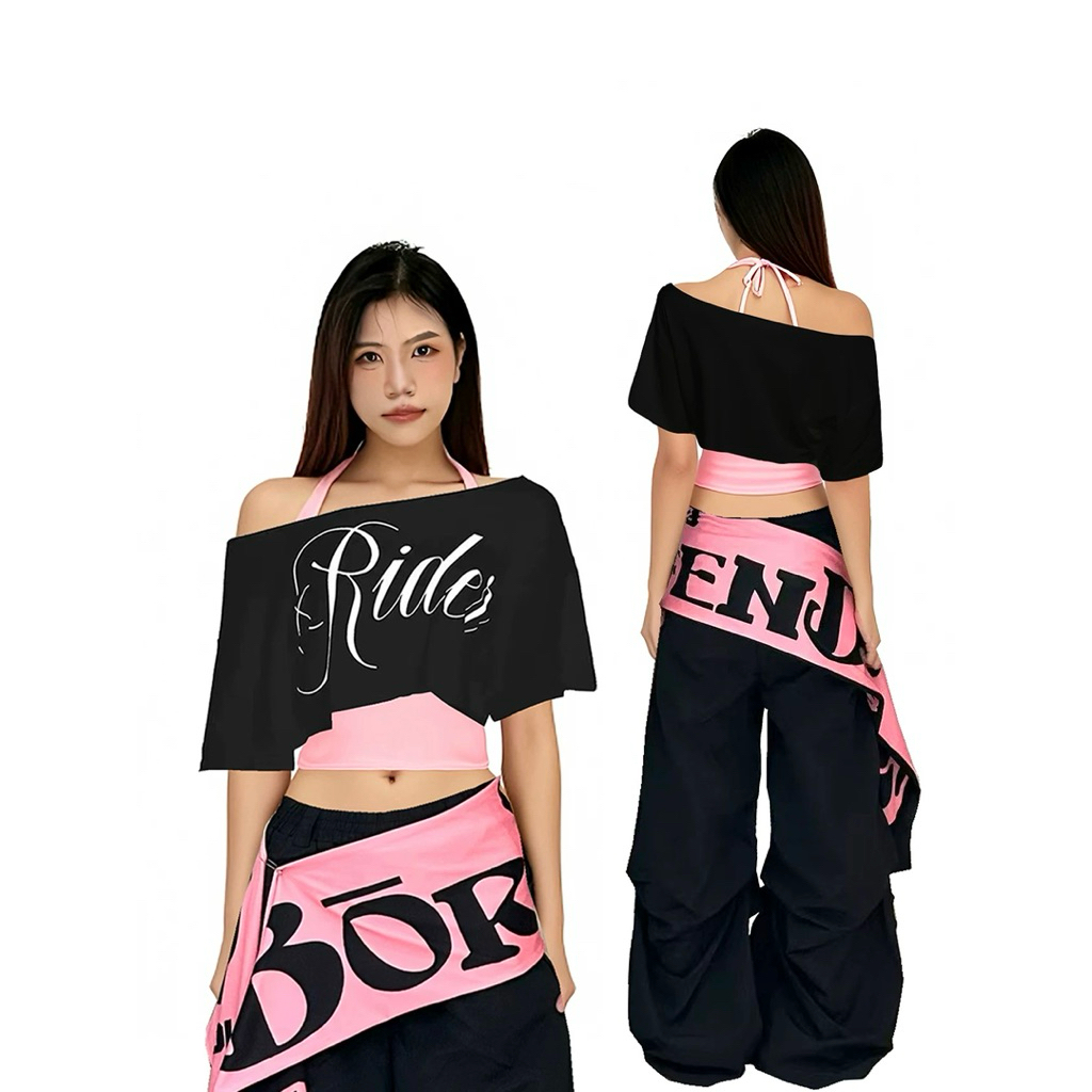 (sẵn) Áo croptop trễ vai dáng rộng màu trắng đen hoạ tiết chữ Rider Holylet cá tính đi nhảy hiphop ATV037 -TikTik