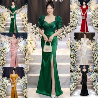 Đầm dạ hội thiết kế phi lụa tay phồng đính đá ngực cao cấp, đầm trung niên sang trọng tko