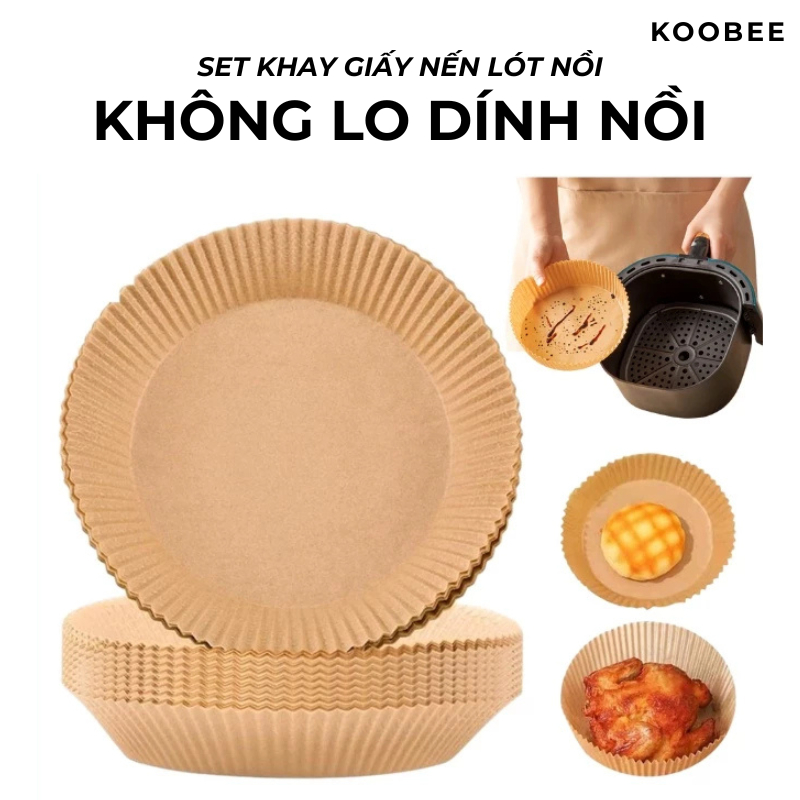 Set 50 Khay Giấy Nến Tròn Không Lỗ KOOBEE – Lót Nồi Chiên Không Dầu, Chống Dính, Tiện Lợi, Sạch Gọn