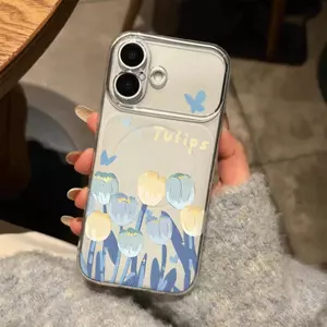 Blue Mist Tulip cho iPhone 17air16Pro15 Vỏ điện thoại đơn giản 14plus Nhỏ