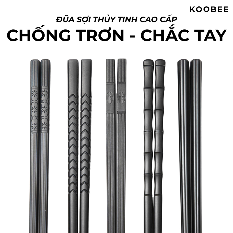Set 10 Đôi Đũa Sợi Thủy Tinh KOOBEE – Đũa Ăn Nhật Màu Đen, Kháng Khuẩn, Chống Nấm Mốc, Chống Trơn Trượt, Cao Cấp (BA05)