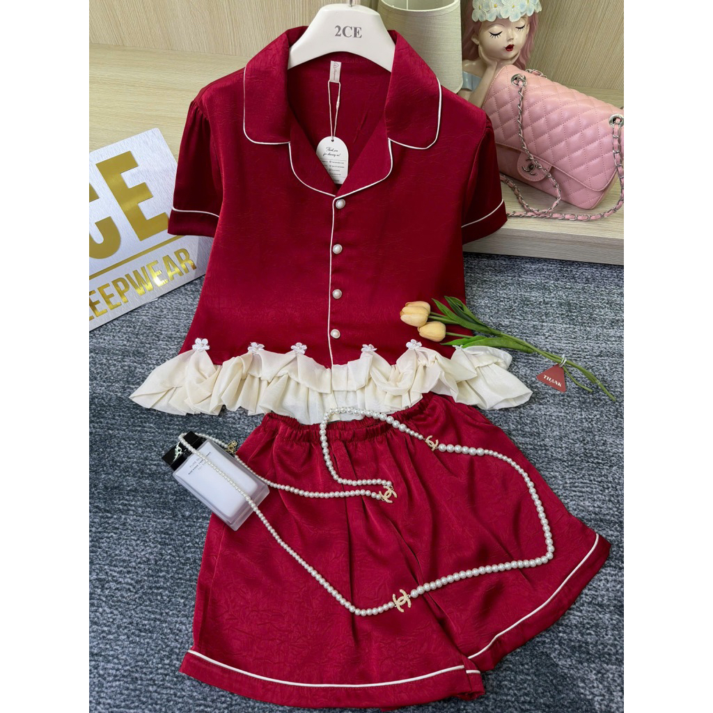 Bèo VG - (45-68kg) Bộ pijama VÂN GỖ trơn phối bèo hoa xinh