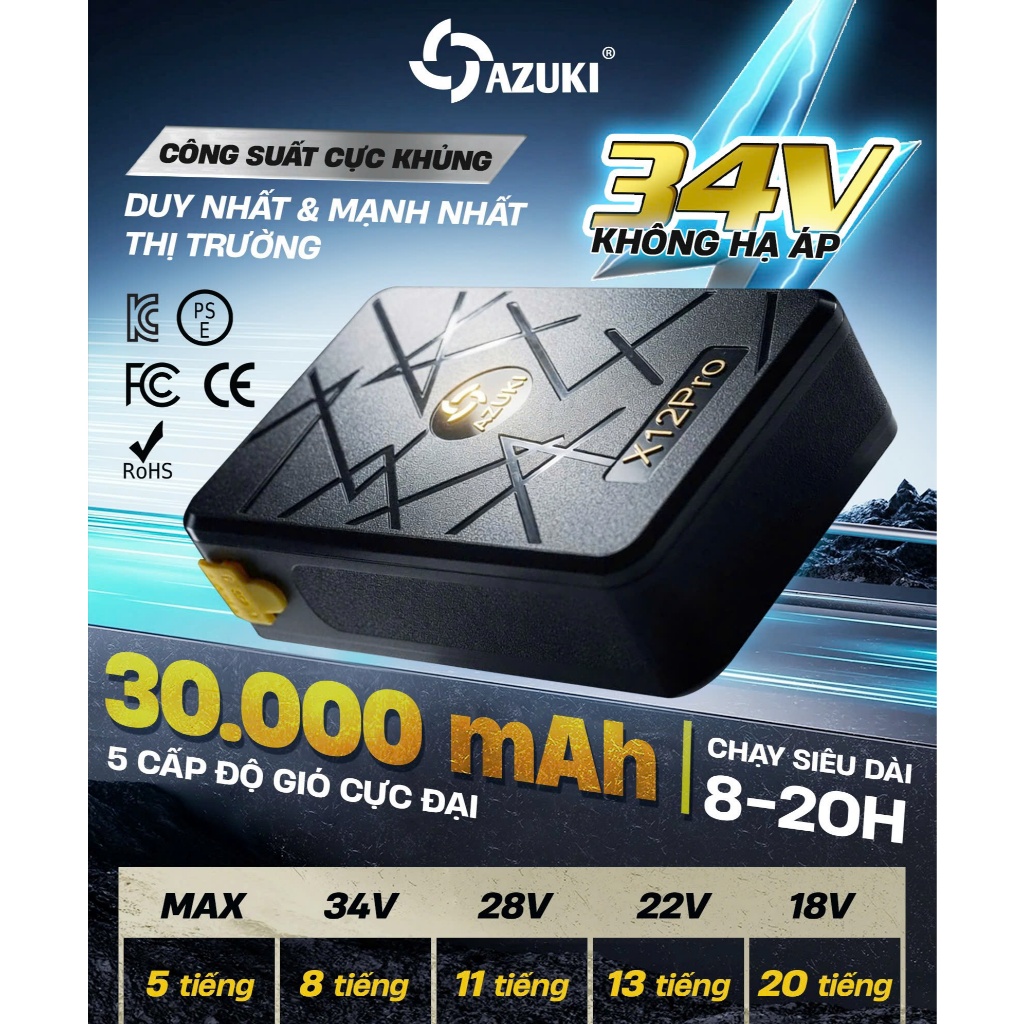 [HOT NHẤT 2026] Bộ phụ kiện áo điều hòa Azuki EXTRA X12 - Dung Lượng  30000mah, Công suất 34V Siêu Mạnh Mẽ. BH 12 tháng