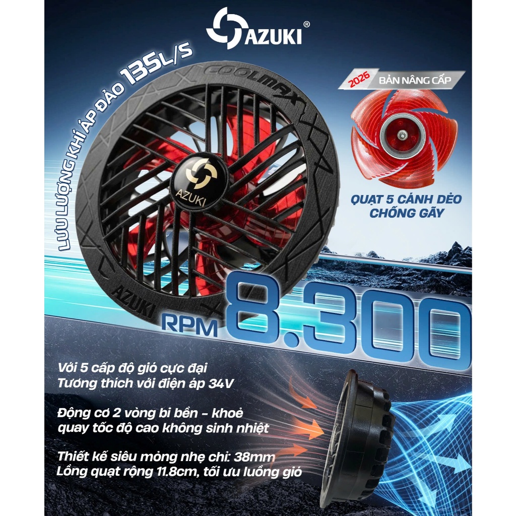 [HOT NHẤT 2026] Bộ phụ kiện áo điều hòa Azuki EXTRA X12 - Dung Lượng  30000mah, Công suất 34V Siêu Mạnh Mẽ. BH 12 tháng