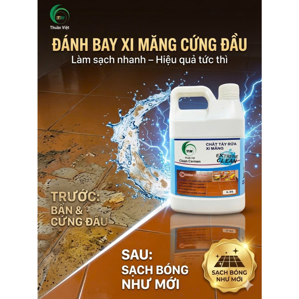 Nước Tẩy Mốc Xi Măng THUẦN VIỆT Tẩy Sạch Các Loại Vết Xi Măng, Rêu Mốc, Ố Vàng, Sơn Bám...vv Can 1.7l, 4.5l