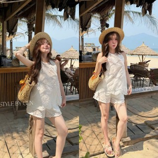 LOU BAE| Bộ Đồ Nữ Ba Lỗ Chât Thô Thêu Hoa Nổi Xinh