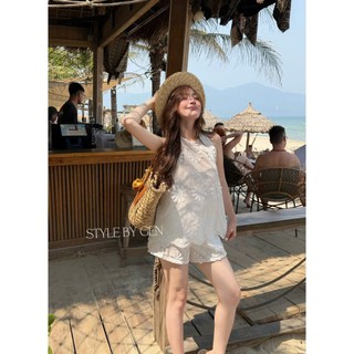 LOU BAE| Bộ Đồ Nữ Ba Lỗ Chât Thô Thêu Hoa Nổi Xinh