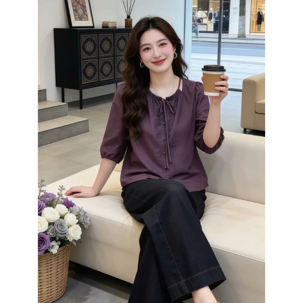 Áo Bigsize Nữ Tú Mỡ Áo Bigsize Thiết Kế Kiểu Cổ Rút Dây Đi Chơi Đi Tiệc Đủ Size 45-80kg AK0427 | BigBuy360 - bigbuy360.vn