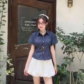 Áo babydoll nữ dáng sơ mi kiểu tay phồng ngắn rút eo chất cotton mềm nhẹ nhàng thanh lịch VANISA SMS400