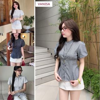 Áo babydoll nữ dáng sơ mi kiểu tay phồng ngắn rút eo chất cotton mềm nhẹ nhàng thanh lịch VANISA SMS400