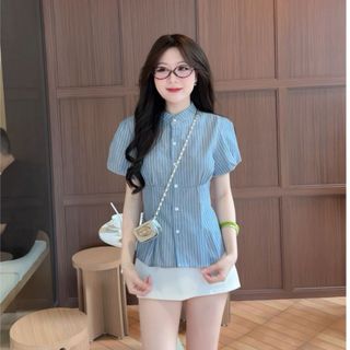 Áo babydoll nữ dáng sơ mi kiểu tay phồng ngắn rút eo chất cotton mềm nhẹ nhàng thanh lịch VANISA SMS400