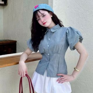 Áo babydoll nữ dáng sơ mi kiểu tay phồng ngắn rút eo chất cotton mềm nhẹ nhàng thanh lịch VANISA SMS400
