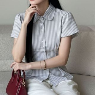 Áo babydoll nữ dáng sơ mi kiểu tay phồng ngắn rút eo chất cotton mềm nhẹ nhàng thanh lịch VANISA SMS400