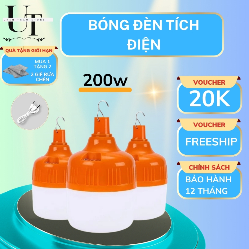 Bóng đèn tích điện công suất 200W, chống nước, sạc USB tiện lợi