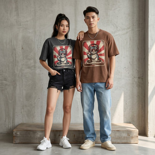 Áo Thun Oversize Nam Nữ Cotton 100% Form Unisex Áo Phông In Hình Mèo DJ Retro Streetwear Cá Tính