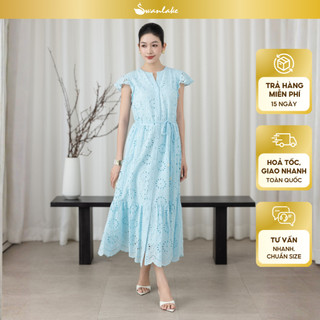 SWANLAKE | Váy Đầm Nữ Maxi Đuôi Cá Vải Cotton Thêu Đục Lỗ Cổ Trụ Cài Nút Dây Thắt Eo Công Sở D13658