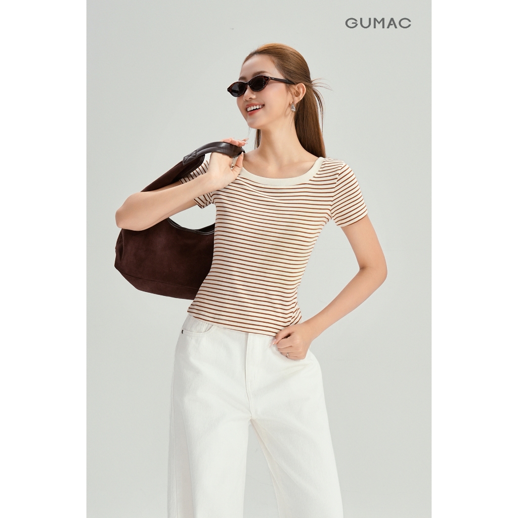 Áo Thun Cổ Vuông Nữ GUMAC Áo Phông Kẻ Sọc Ngang Dáng Ôm Chất Thun Gân Co Giãn LATG0407