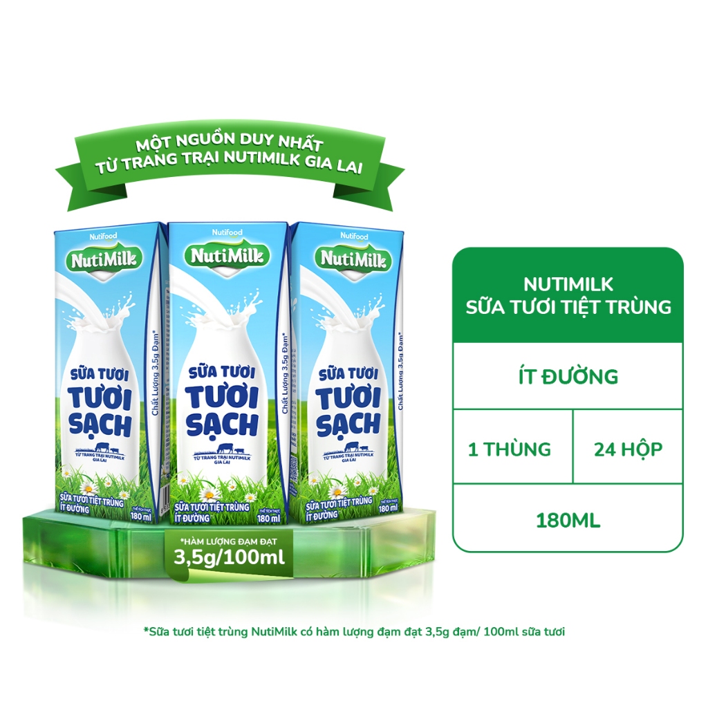 Thùng 24 Hộp Sữa Tươi Tươi Sạch NutiMilk Ít Đường Hộp 180ml