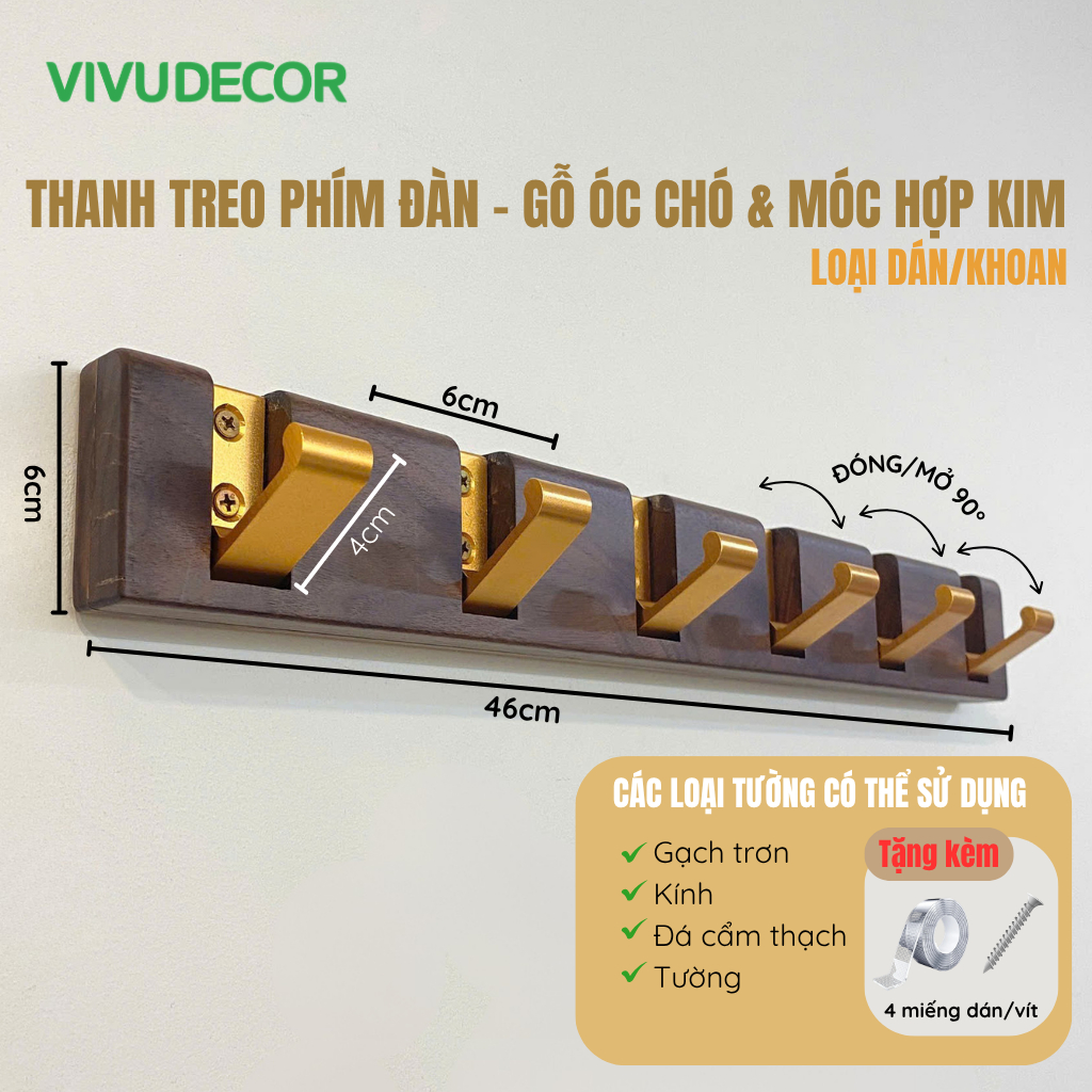 [Mẫu mới 2026] Móc Treo Quần Áo Gắn Tường Gỗ Tự Nhiên - Móc Gỗ Treo Đồ VIVUDECOR - Dán/Hít/Khoan