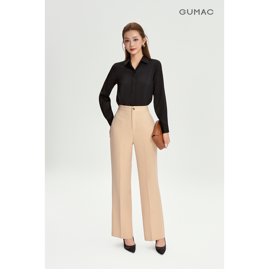Quần Ống Suông Nữ 98cm GUMAC Lưng Cao Chất Cotton Công Sở Dáng Dài Cạp Cao Loe Nhẹ QE04001