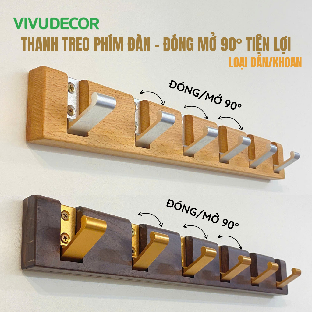 [Mẫu mới 2026] Móc Treo Quần Áo Gắn Tường Gỗ Tự Nhiên - Móc Gỗ Treo Đồ VIVUDECOR - Dán/Hít/Khoan