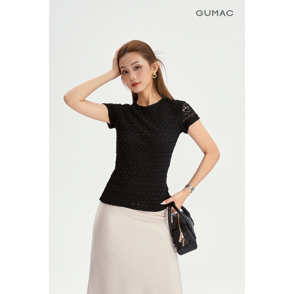 Áo Thun Ren Nữ GUMAC Áo Kiểu Công Sở Tay Ngắn Cổ Tròn Ôm Nhẹ Co Giãn Thiết Kế Sang Trọng Thanh Lịch LATF0918