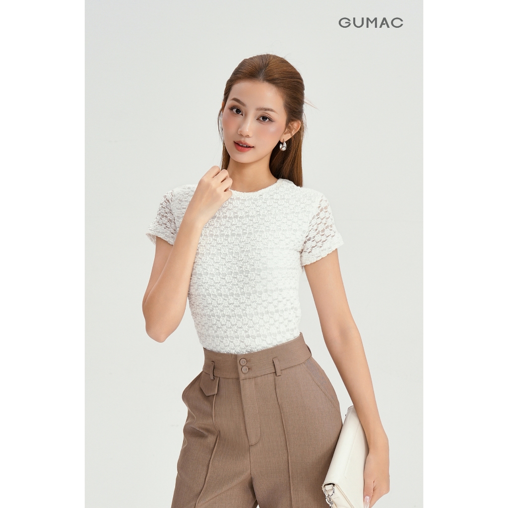 Áo Thun Ren Nữ GUMAC Áo Kiểu Công Sở Tay Ngắn Cổ Tròn Ôm Nhẹ Co Giãn Thiết Kế Sang Trọng Thanh Lịch LATF0918