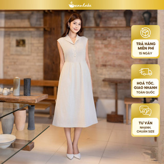 SWANLAKE | Váy Đầm Nữ Midi Sát Nách Cổ Sơ Mi Dây Thắt Eo Vải Linen Cao Cấp Thanh Lịch D13472
