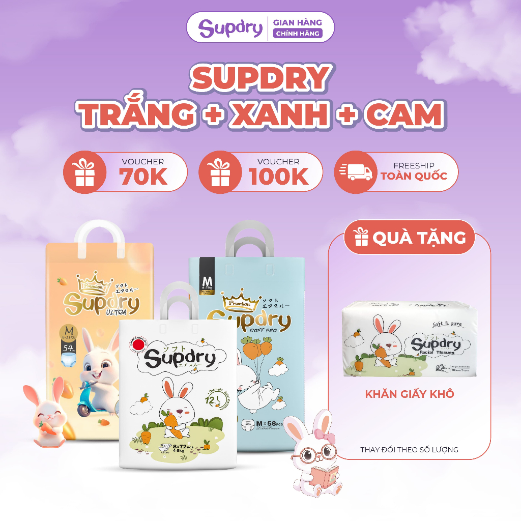Tã Bỉm Supdry Trắng, Supdry Premium, Supdry Ultra Cao Cấp, Siêu Thấm Hút, Mỏng Nhẹ, An Toàn Cho Bé (Dán/Quần | NB–XXXL)