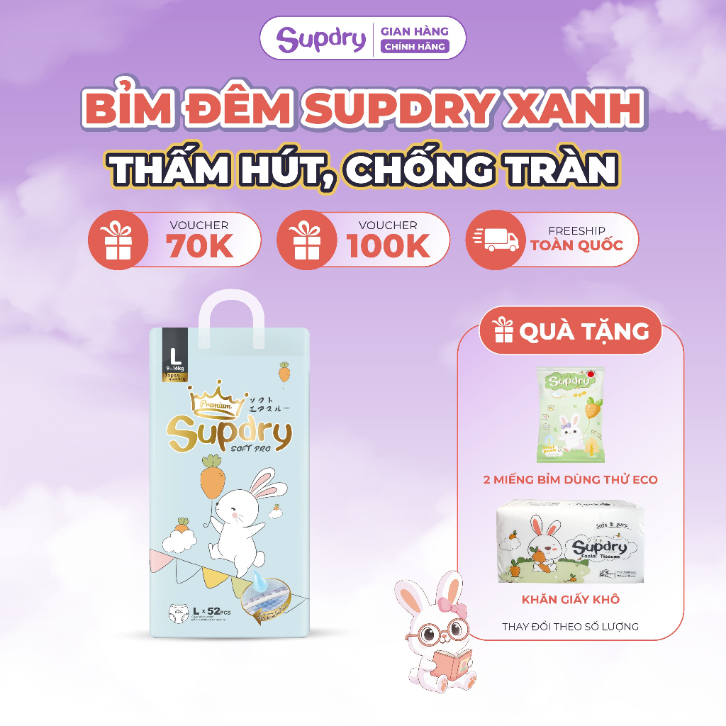 (CÓ QUÀ) Tã Bỉm Đêm Supdry Xanh Cao Cấp Siêu Thấm Hút, Chống Tràn Cho Bé (Dán/Quần | NB–XXXL | 4–20kg)