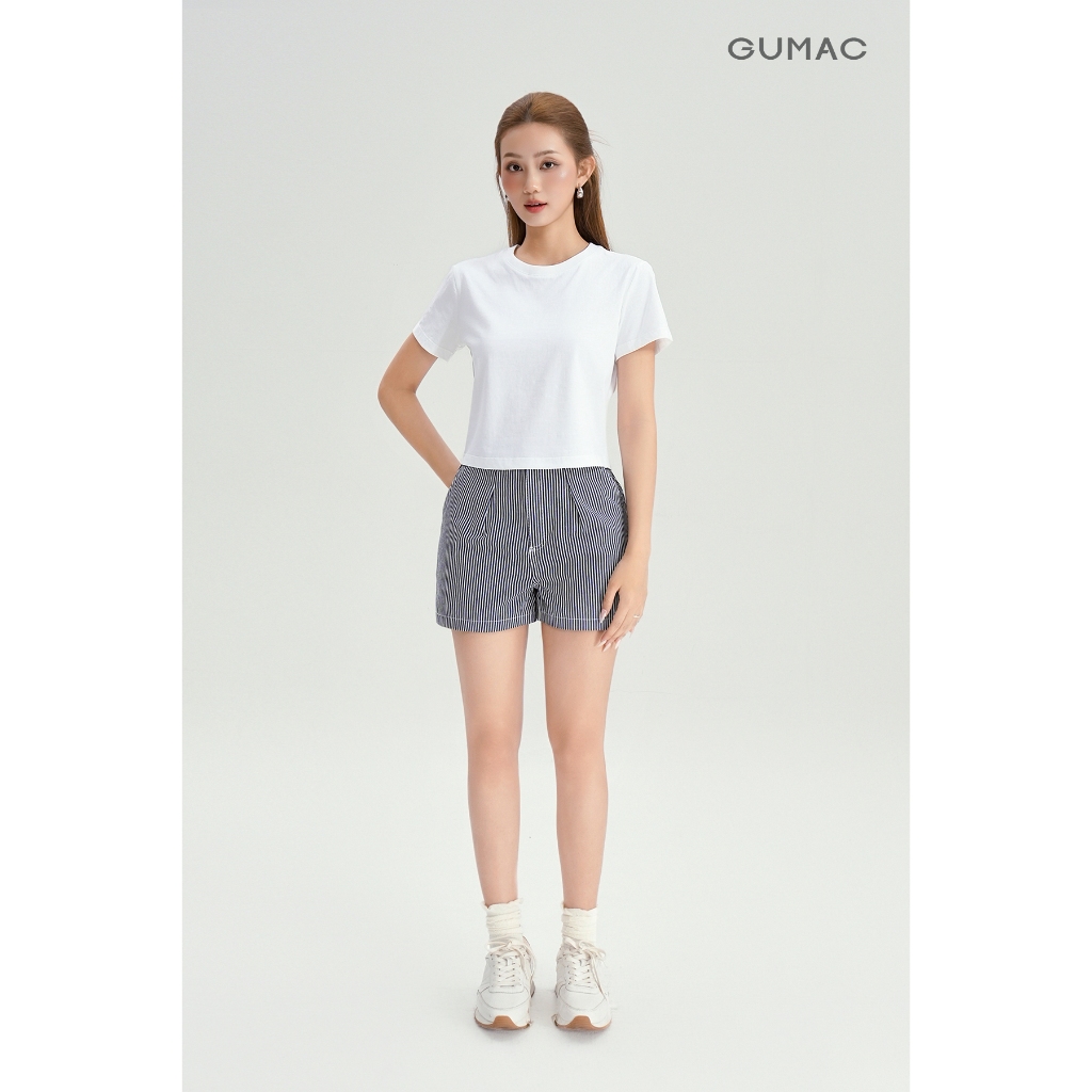 Quần Short Nữ GUMAC Ống Rộng Chất Sọc Denim Thêu Chữ Trang Trí Dễ Phối Đồ YSHG07015