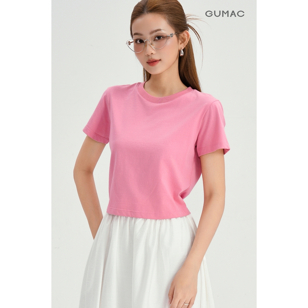 Áo Thun Nữ GUMAC Áo Phông Suông Dáng Lửng Croptop Trơn Cơ Bản Basic Cotton Mềm Mịn Thoáng Mát LATG06097