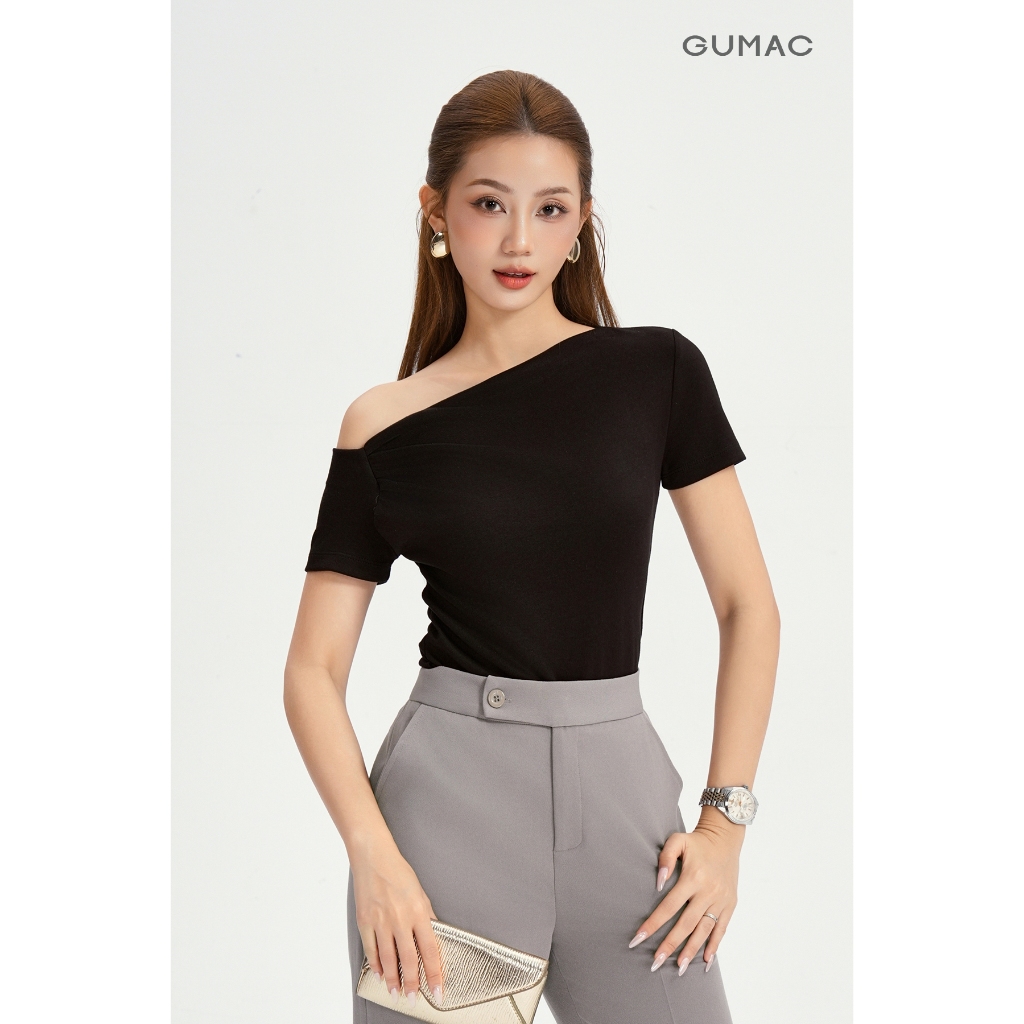 Áo Thun Nữ GUMAC Áo Kiểu Lệch Vai Form Slim Ôm Nhún Eo Chất Thun Mịn Co Giãn Tôn Dáng ATF03031